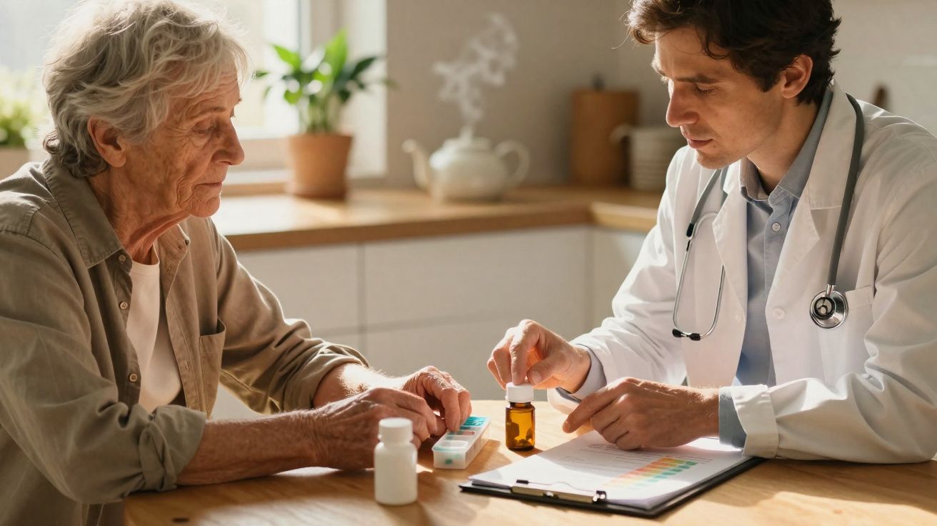 Médico explicando uso de remédios para paciente idosa em ambiente claro e acolhedor.