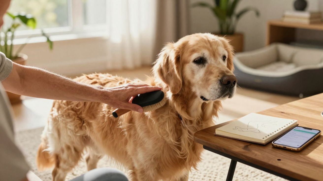 Pessoa escovando um cachorro golden retriever em sala de estar com mesa, celular e caderno.
