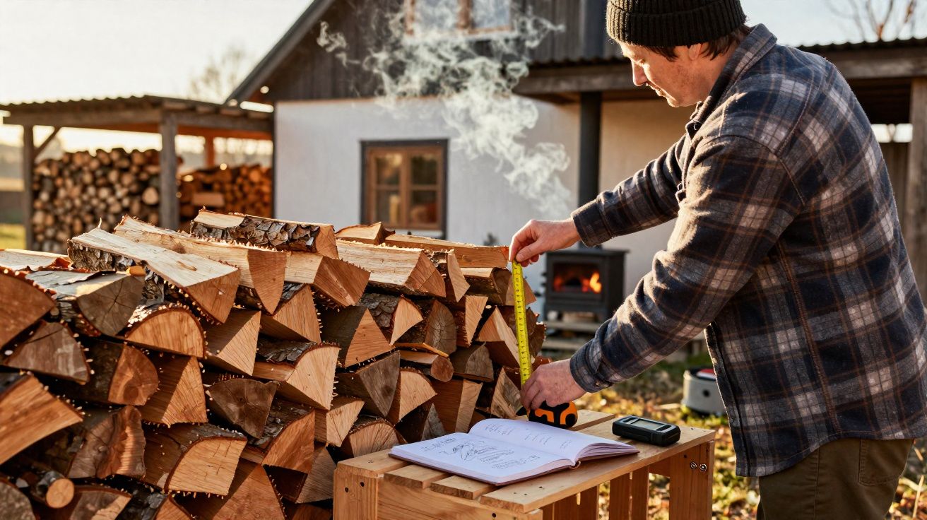 Homem medindo pilha de lenha empilhada perto de casa com lareira acesa ao fundo.