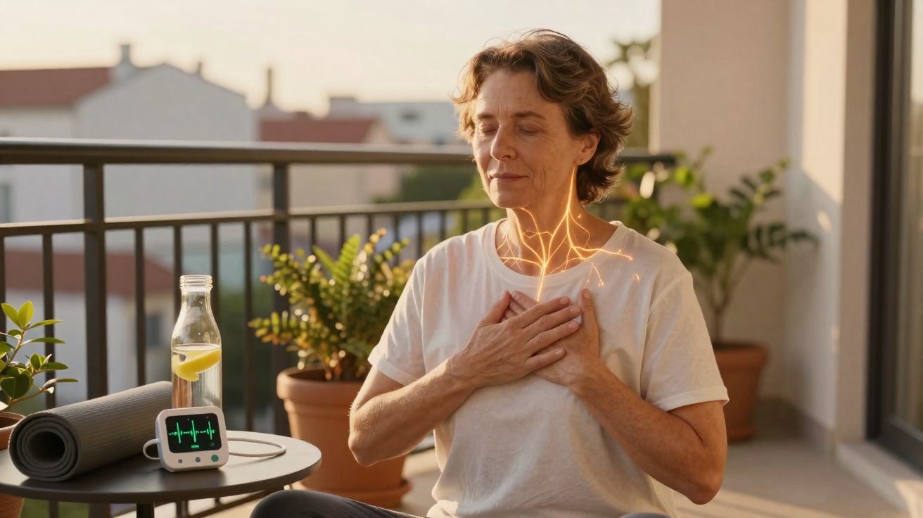 Mulher fechando os olhos e tocando o peito, sentada em varanda com plantas, garrafa de água e monitor cardíaco.