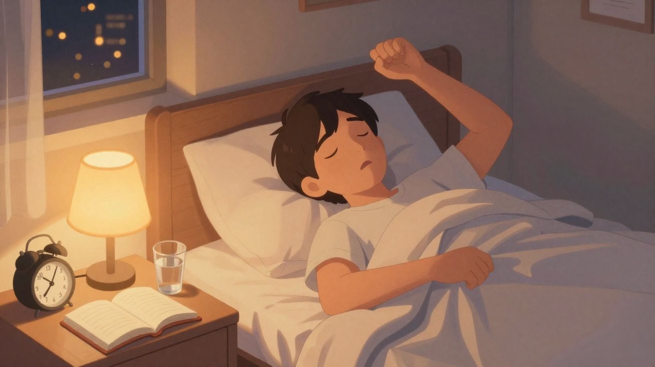 Jovem acordando na cama ao amanhecer, com abajur, despertador, copo d'água e livro na mesa ao lado.