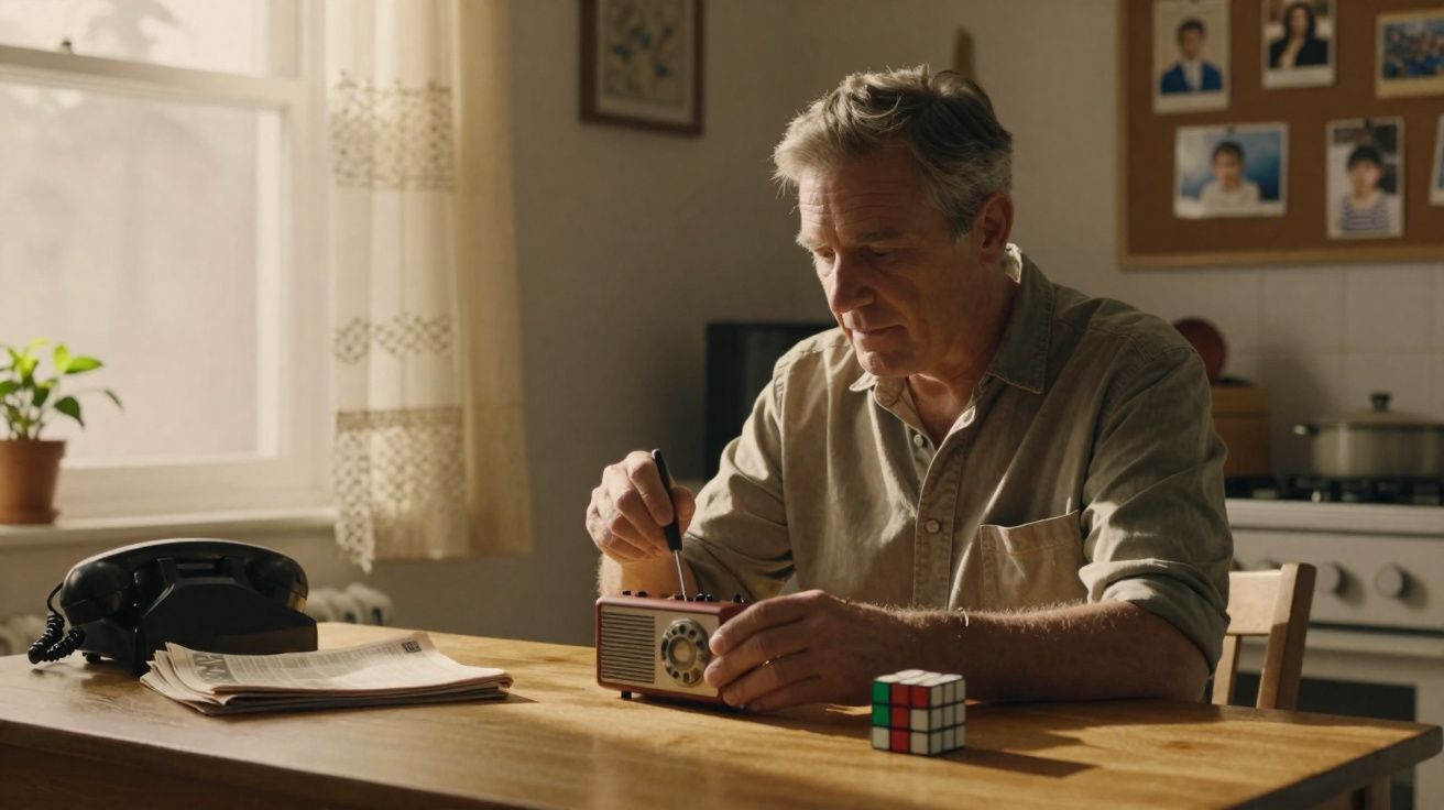 Homem sentado à mesa ajusta rádio antigo em cozinha com telefone preto e cubo mágico.