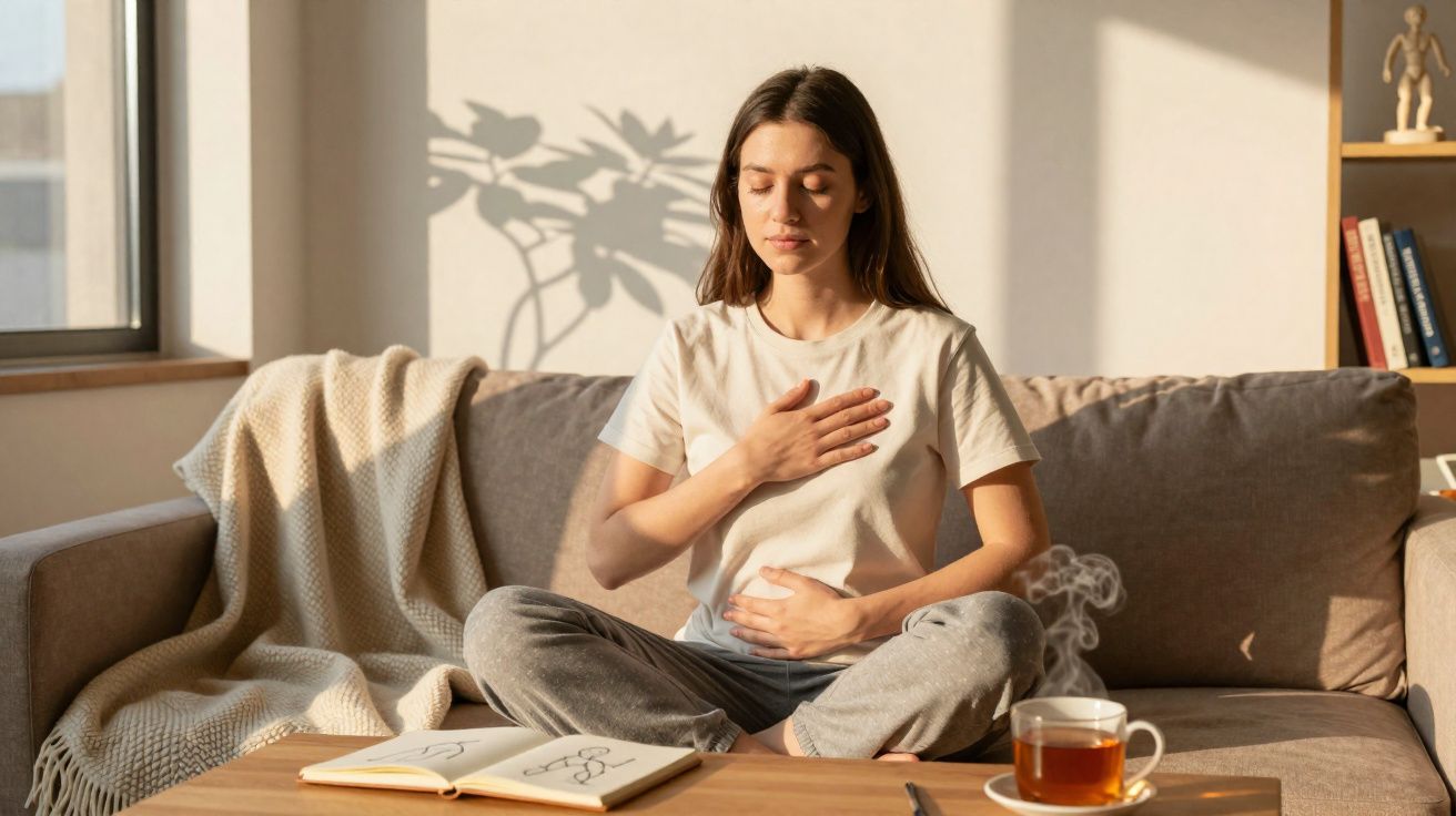 Mulher sentada no sofá meditando com uma mão no peito e outra na barriga, ao lado chá e caderno aberto.