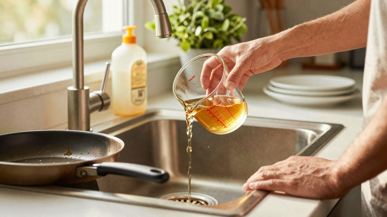 Pessoa despejando óleo usado de um copo medidor na pia da cozinha ao lado de frigideira suja.