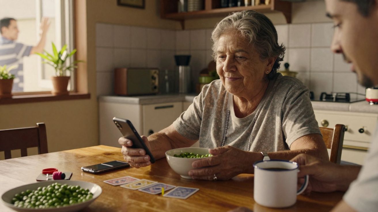 Idosa sentada à mesa com smartphone, prato de ervilhas e cartas de baralho, homem com caneca ao lado.