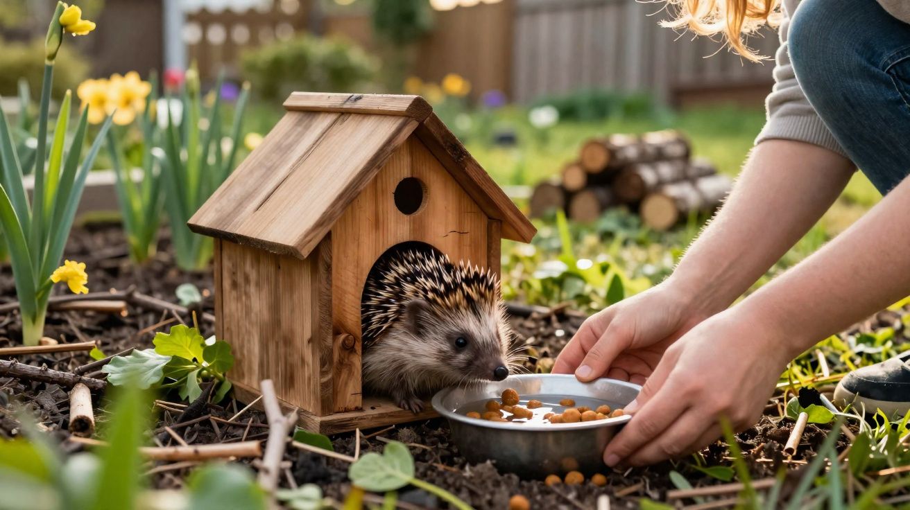 Ouriço saindo de uma casinha de madeira enquanto pessoa oferece comida em jardim florido.