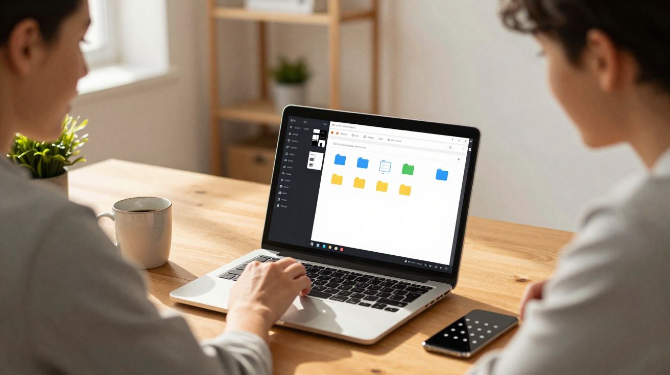 Duas pessoas trabalhando juntas em laptop com pastas coloridas na tela, em mesa de madeira.