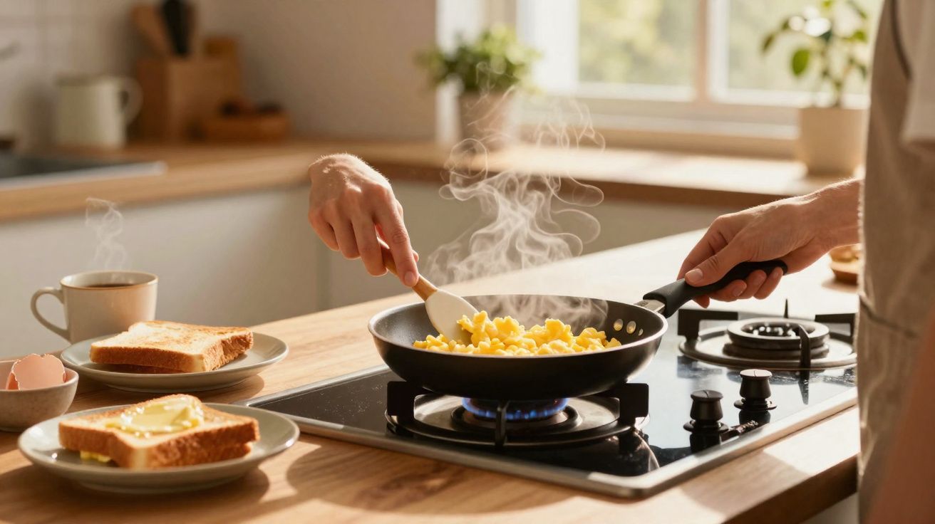 Pessoa mexendo ovos mexidos em frigideira com torradas e café em cozinha iluminada.