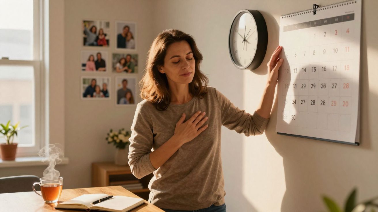 Mulher segura mão no peito olhando para calendário na parede, com xícara de chá e caderno na mesa.