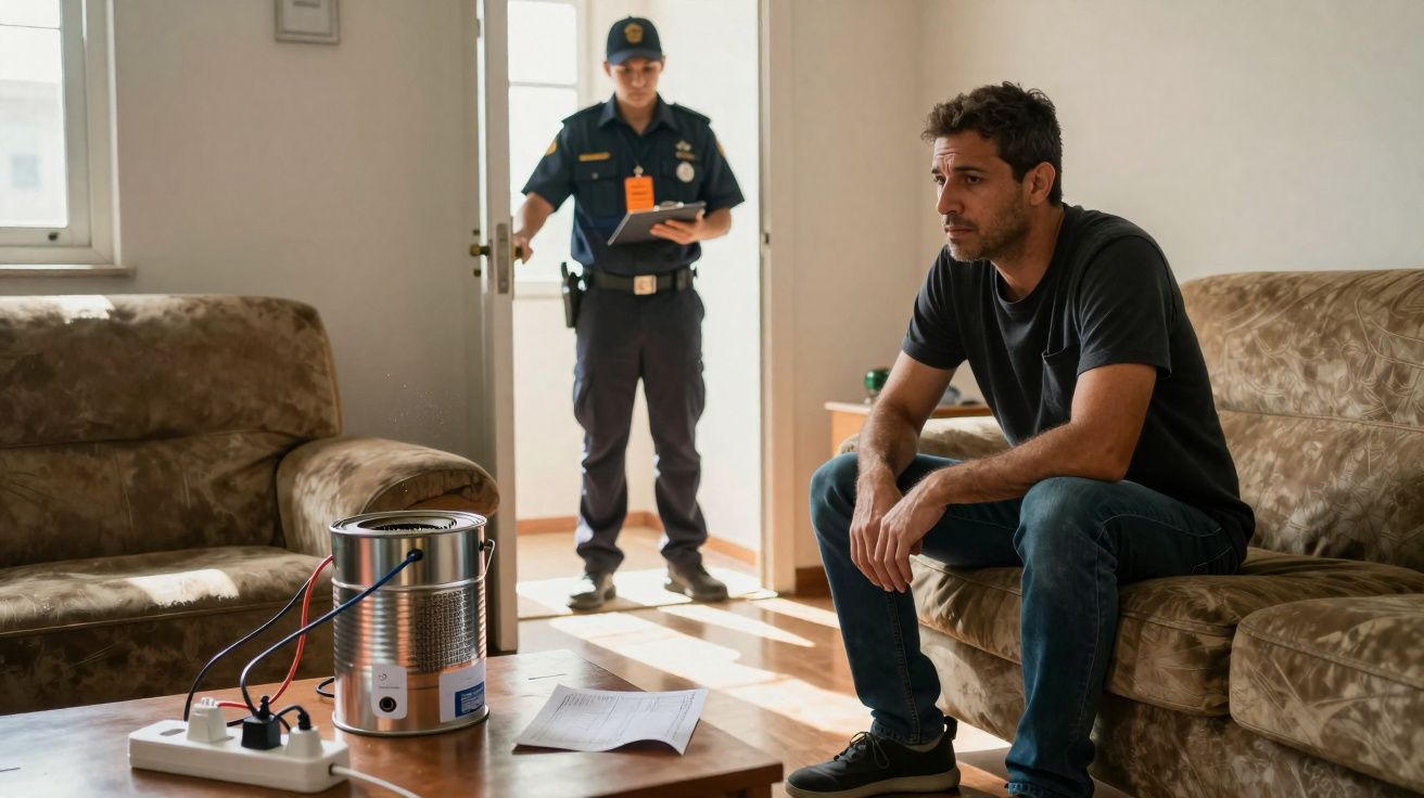 Homem sentado no sofá com expressão preocupada e policial de uniforme entrando em sala iluminada.