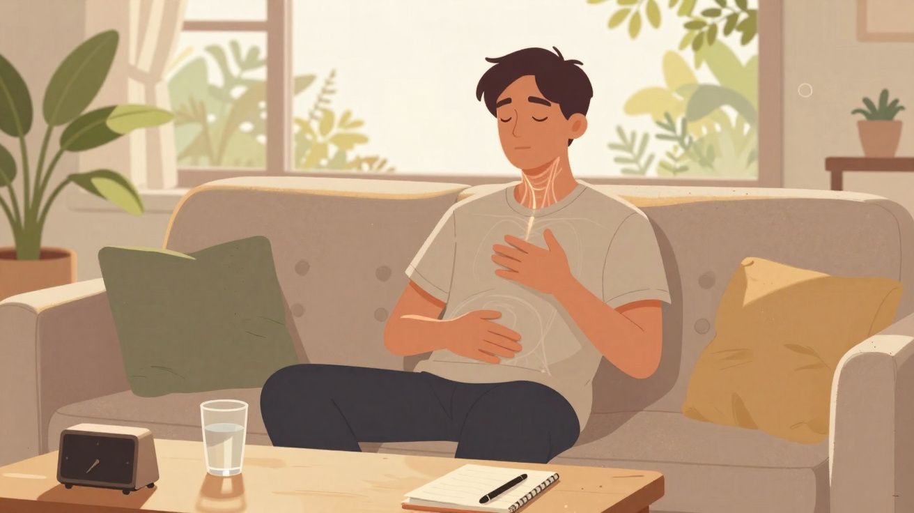 Homem sentado no sofá com expressão de desconforto segurando a garganta e o peito.