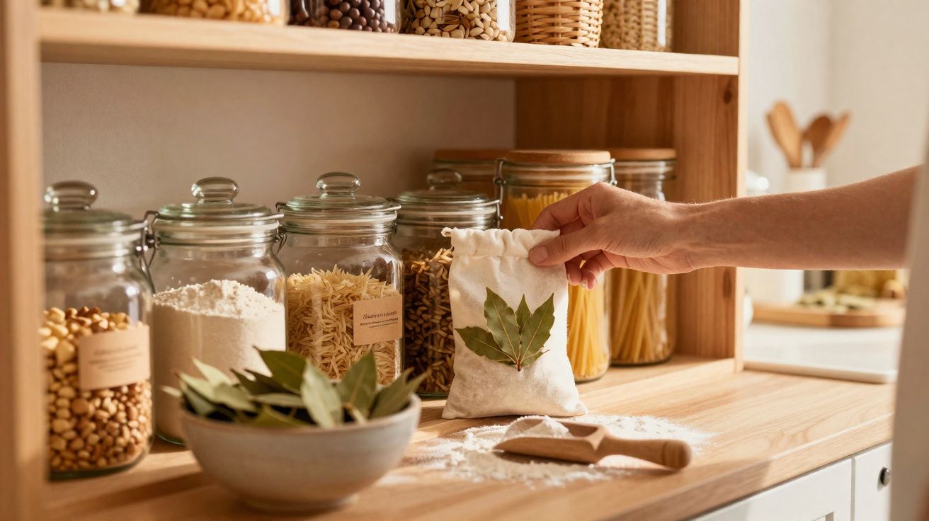Mão segurando saquinho com folhas de louro em bancada com potes de vidro e ingredientes secos em cozinha.