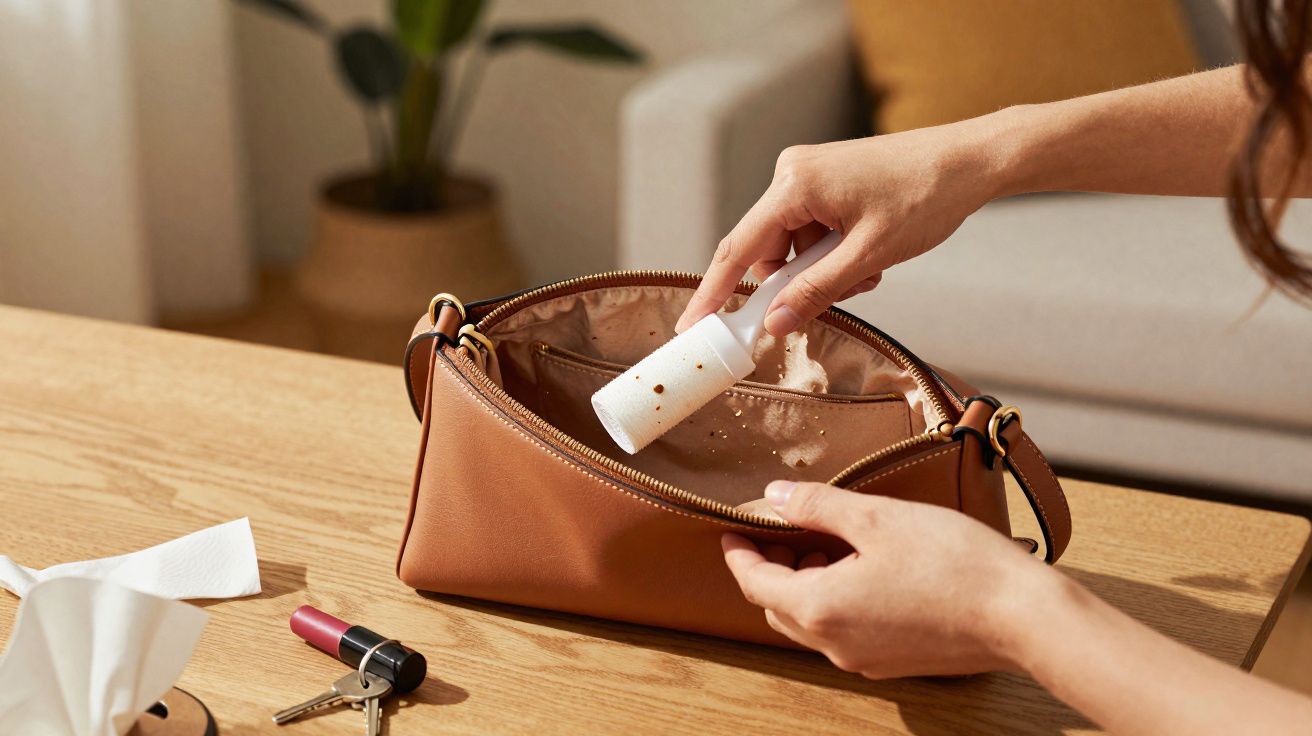 Mãos seguram desodorante dentro de bolsa marrom sobre mesa de madeira com batom e lenço.
