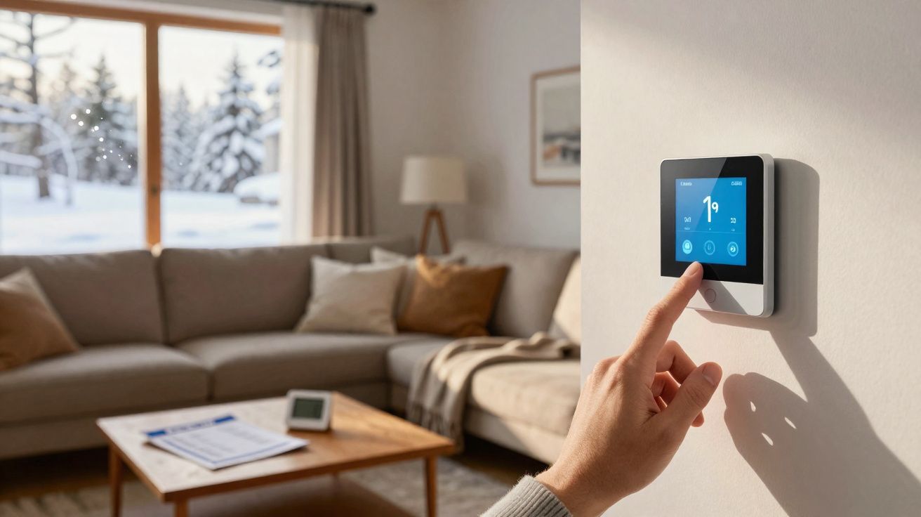 Pessoa ajustando termostato digital em sala com sofá, mesa de madeira e janela com vista de neve.