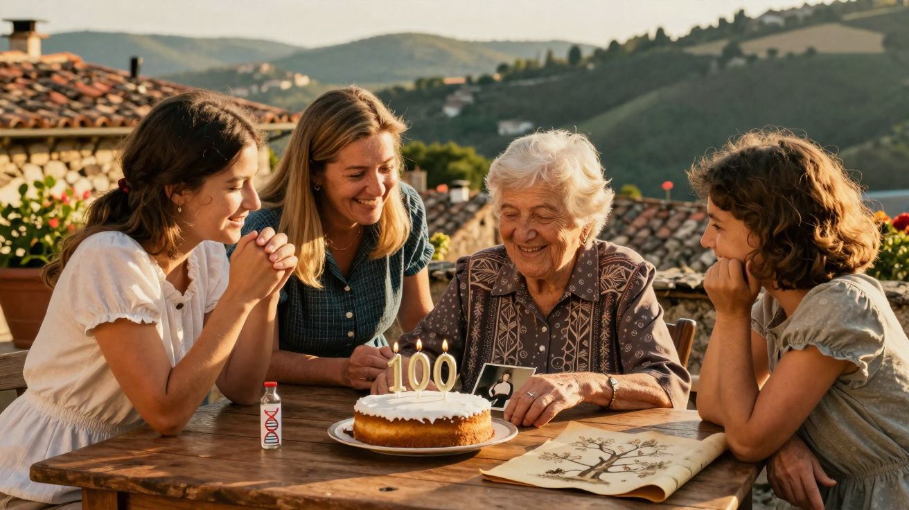 Idosa comemorando 100 anos com bolo e três mulheres ao redor em varanda com vista para montanhas.