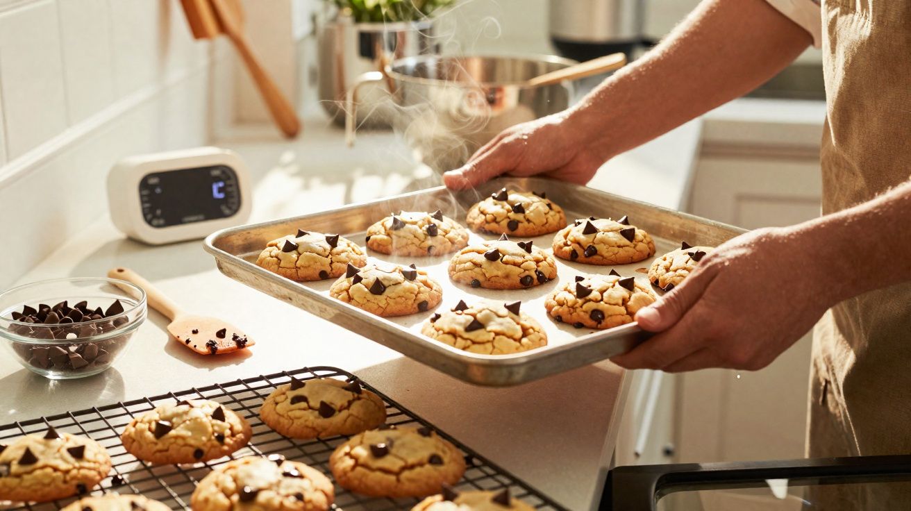 Pessoa retirando assadeira com cookies de chocolate quente do forno em cozinha iluminada.