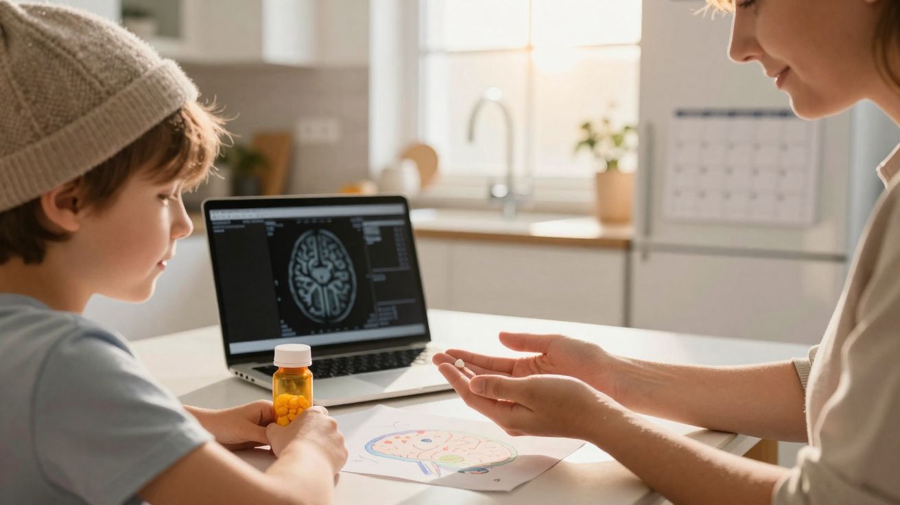 Menino e médica conversando sobre cérebro com imagem cerebral no laptop e remédio na mesa.