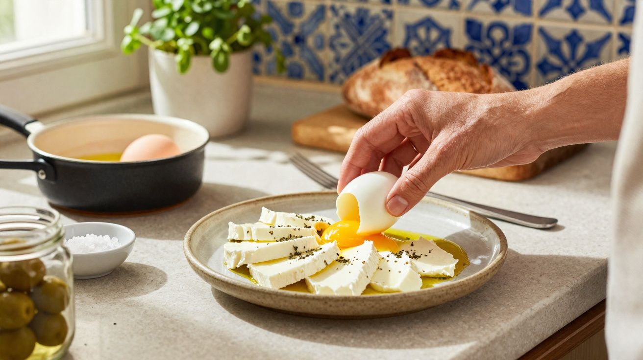 Mão quebrando ovo com gema escorrendo sobre queijo branco fatiado em prato na cozinha iluminada.
