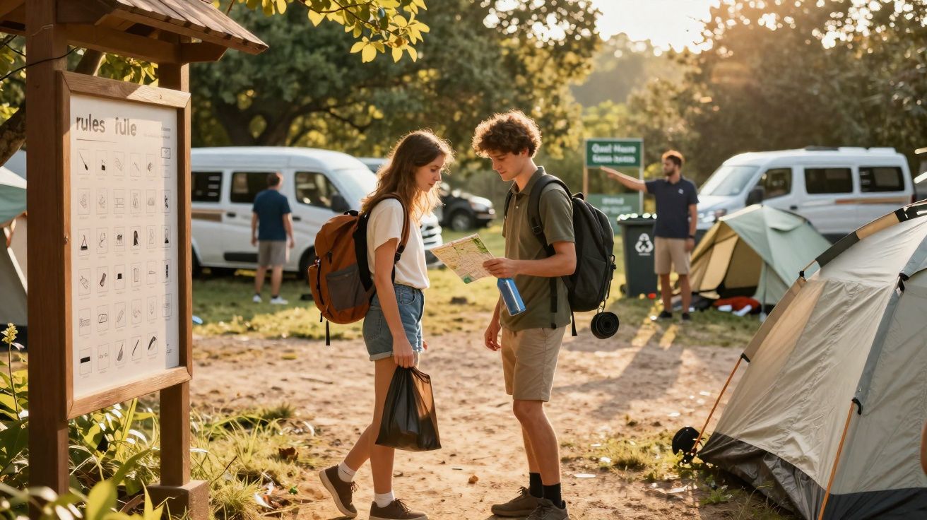Jovens com mochilas lendo mapa em área de camping com barracas e veículos ao fundo.