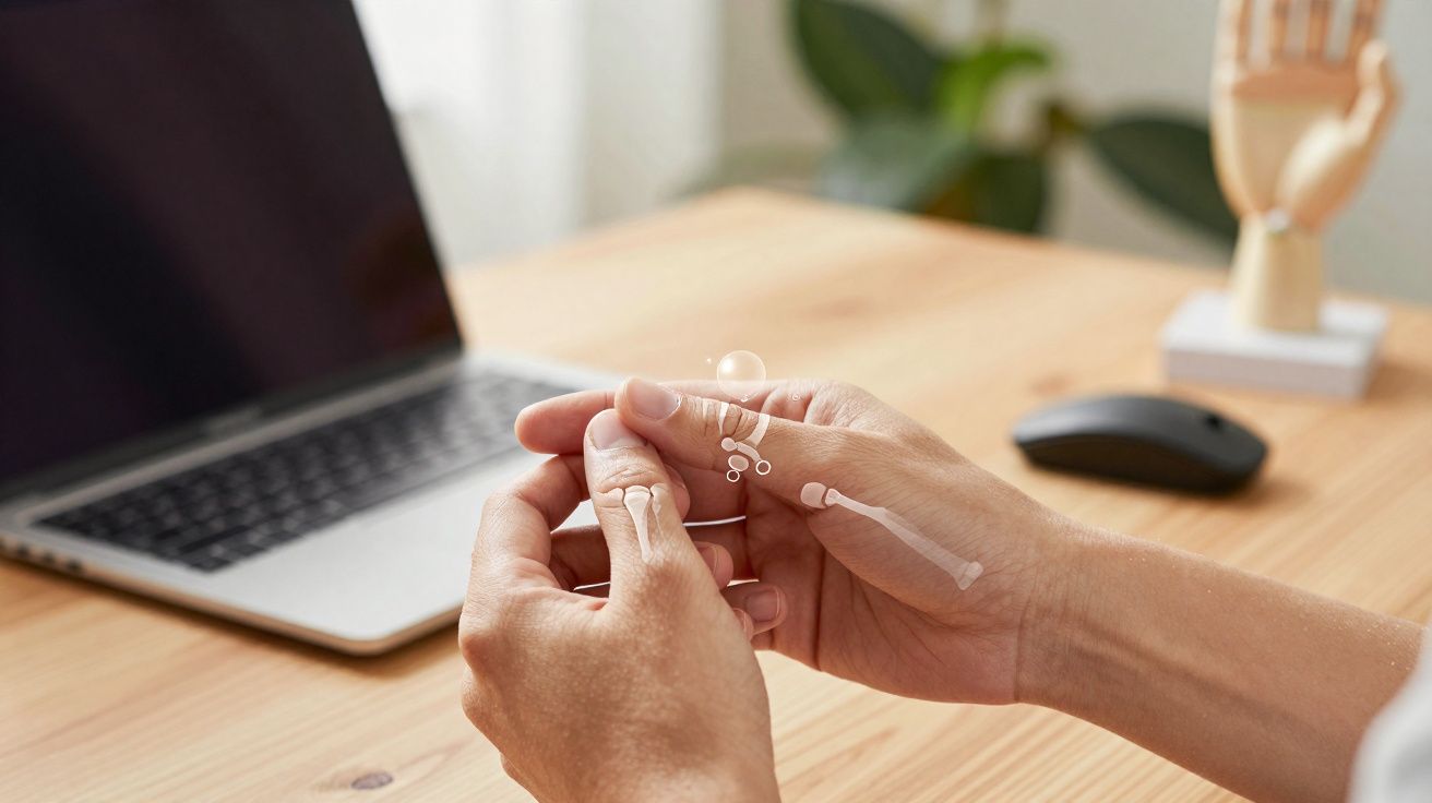 Mãos masculinas se massageando sobre mesa de madeira com laptop, mouse e modelo anatômico de mão ao fundo.