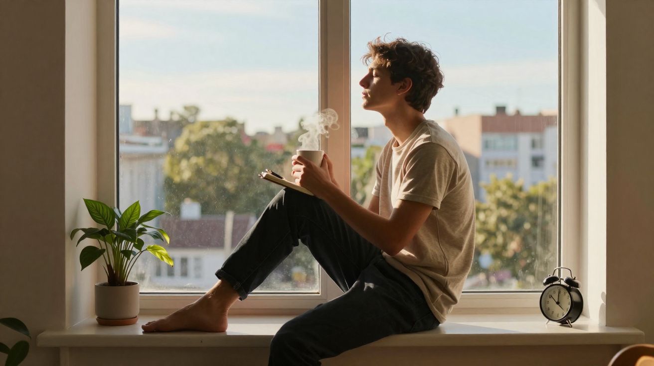 Jovem sentado na janela segurando caneca fumegante, com planta e relógio ao lado, em ambiente iluminado.