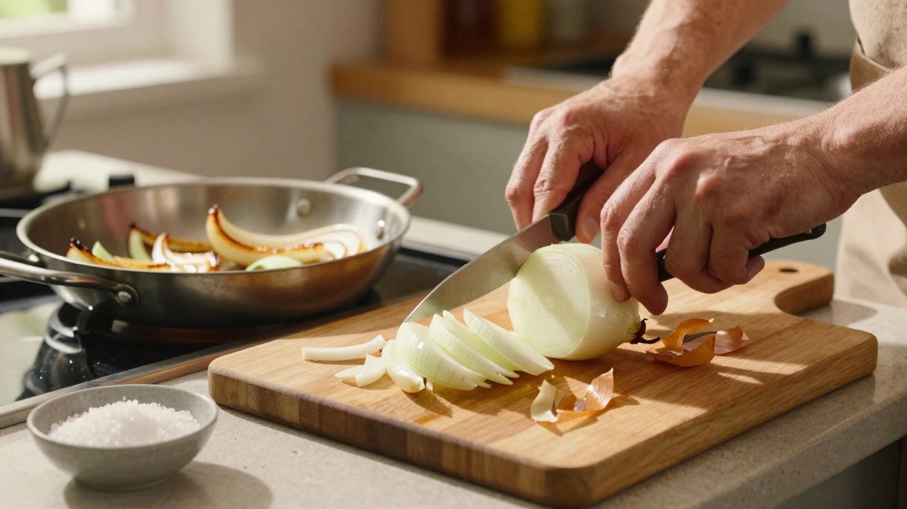 Pessoa cortando cebola em fatias em tábua de madeira, com cebolas sendo douradas em frigideira.