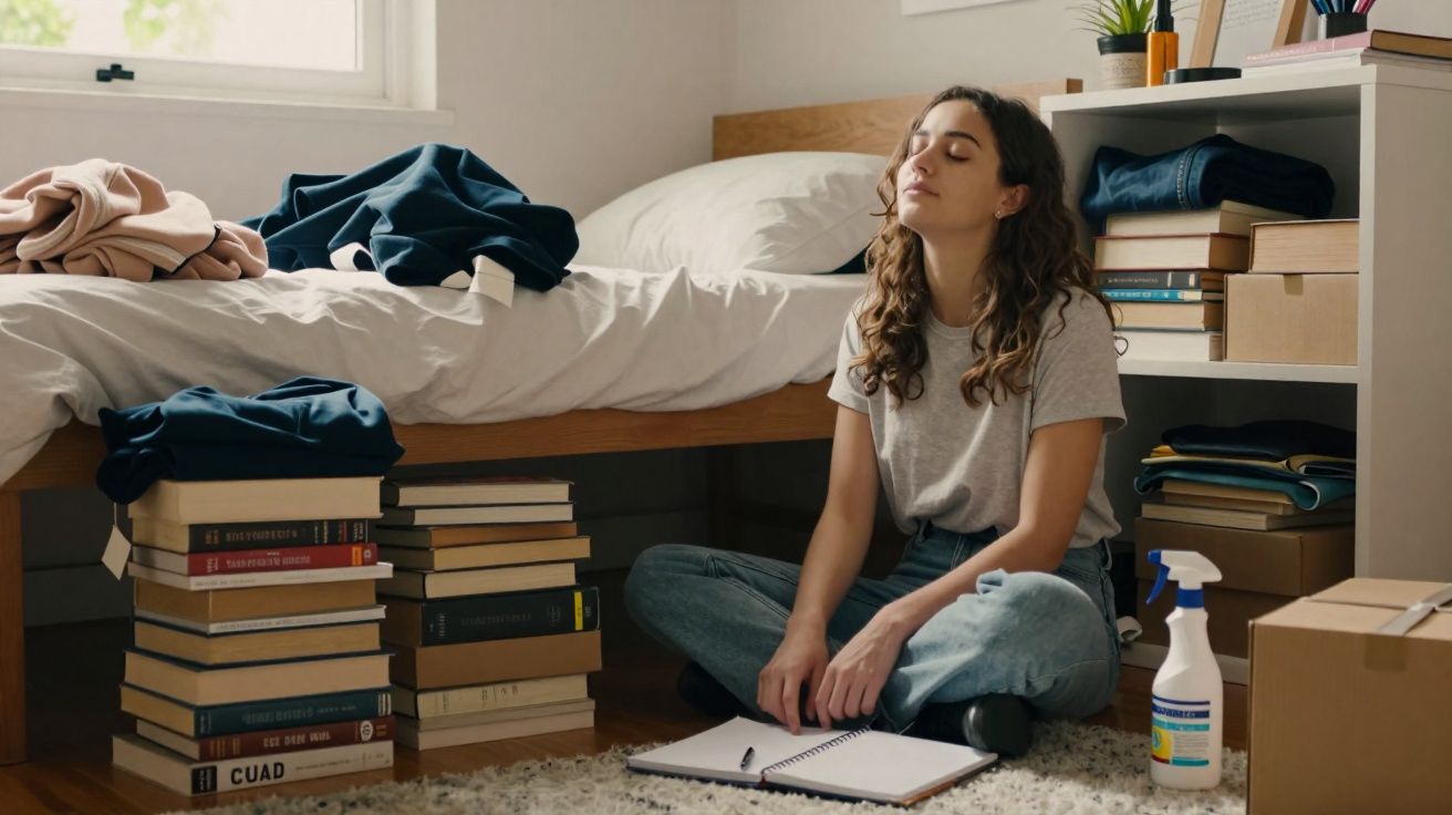 Mulher sentada no chão do quarto rodeada por livros e caixas, com os olhos fechados e expressão de cansaço.