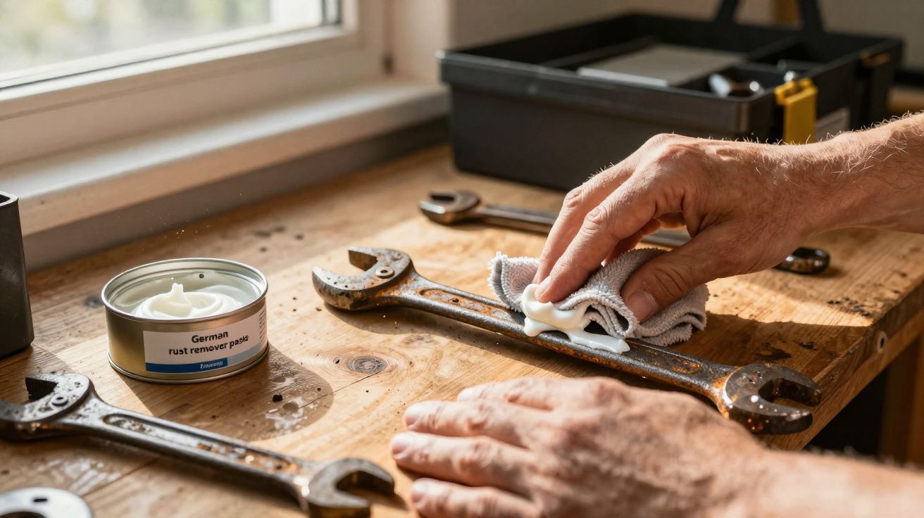Pessoa aplicando creme removedor de ferrugem em chave inglesa enferrujada sobre bancada de madeira.