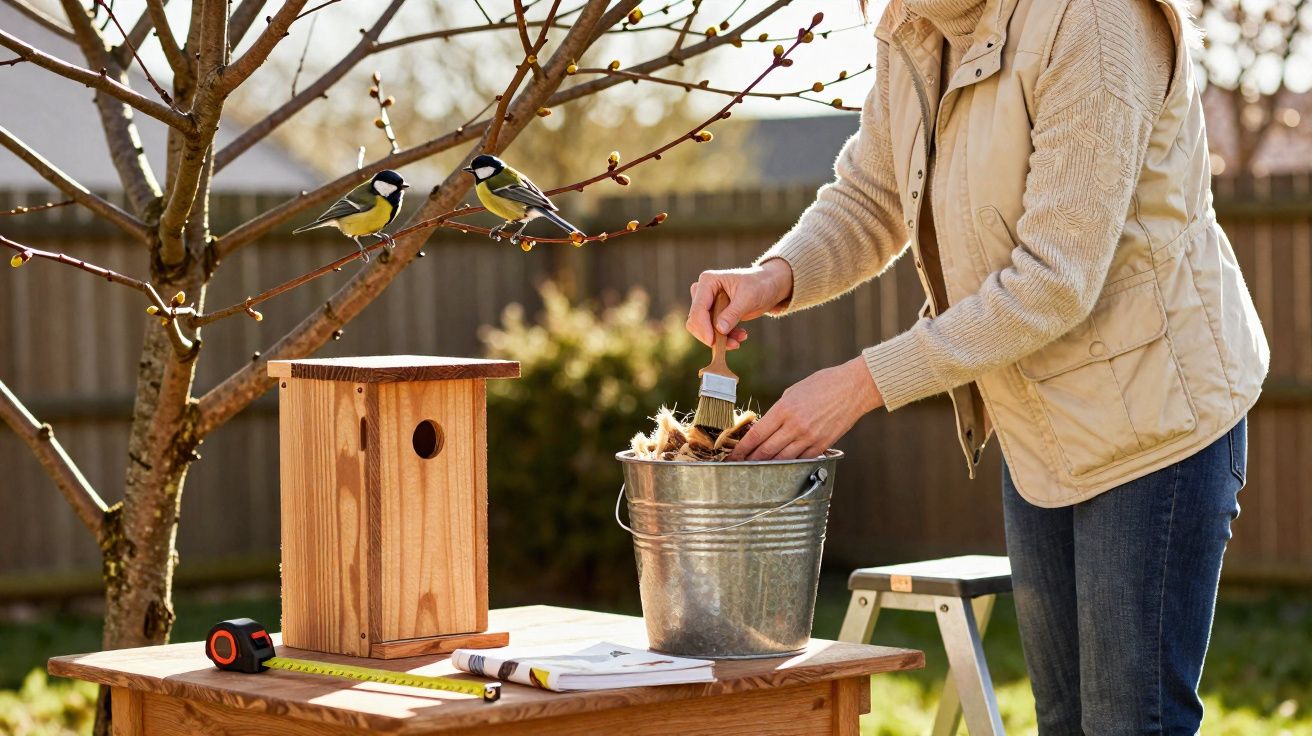 Pessoa preparando ninho com pincel para pássaros em caixa de madeira ao ar livre na primavera.