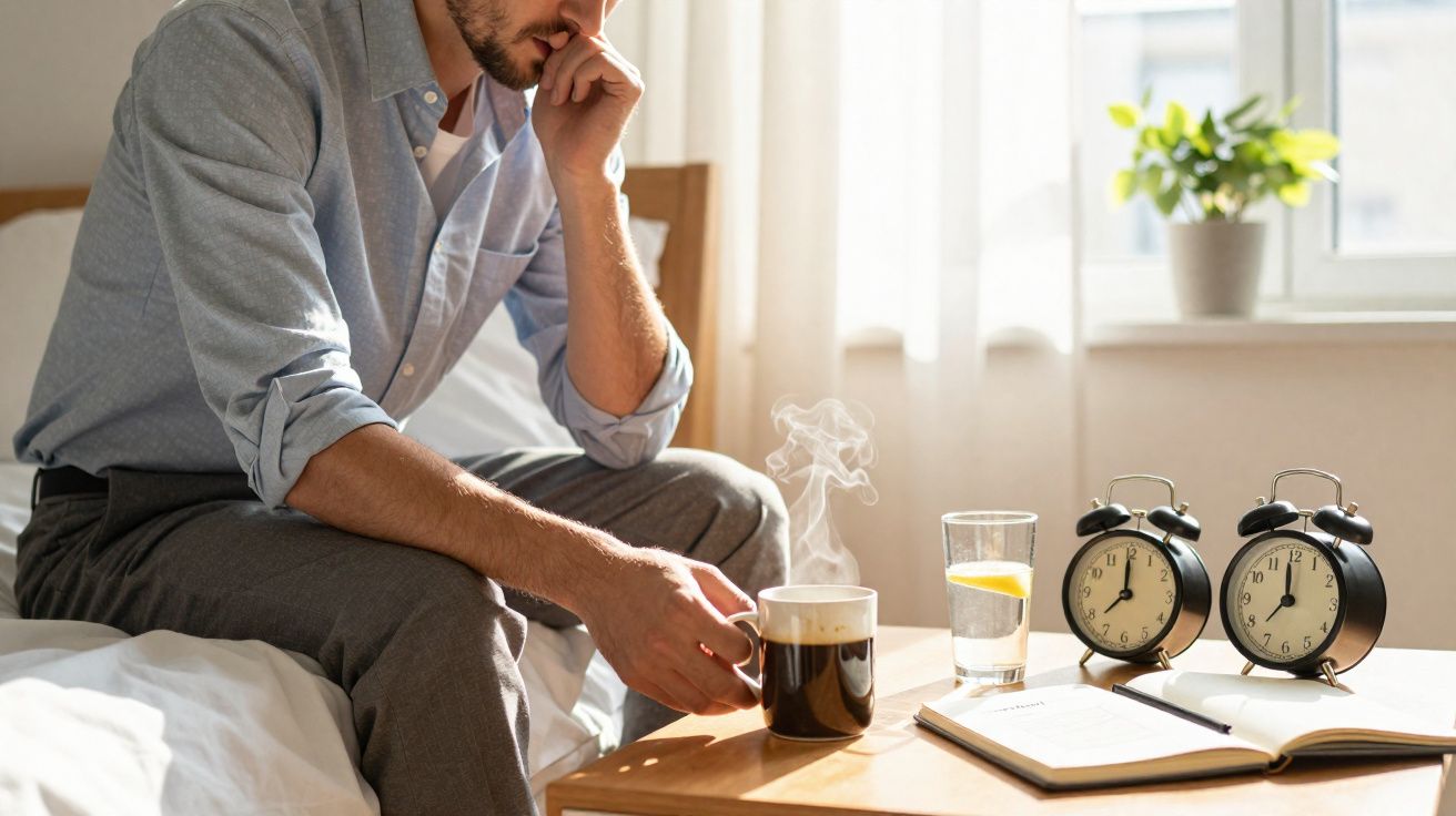 Homem sentado na cama, pensativo, segurando uma xícara de café fumegante em um quarto iluminado.