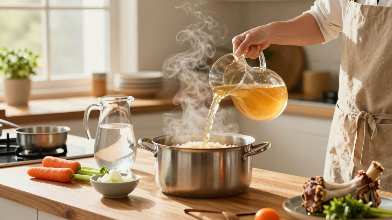 Pessoa despejando caldo quente em panela de arroz cozinhando em cozinha iluminada natural.