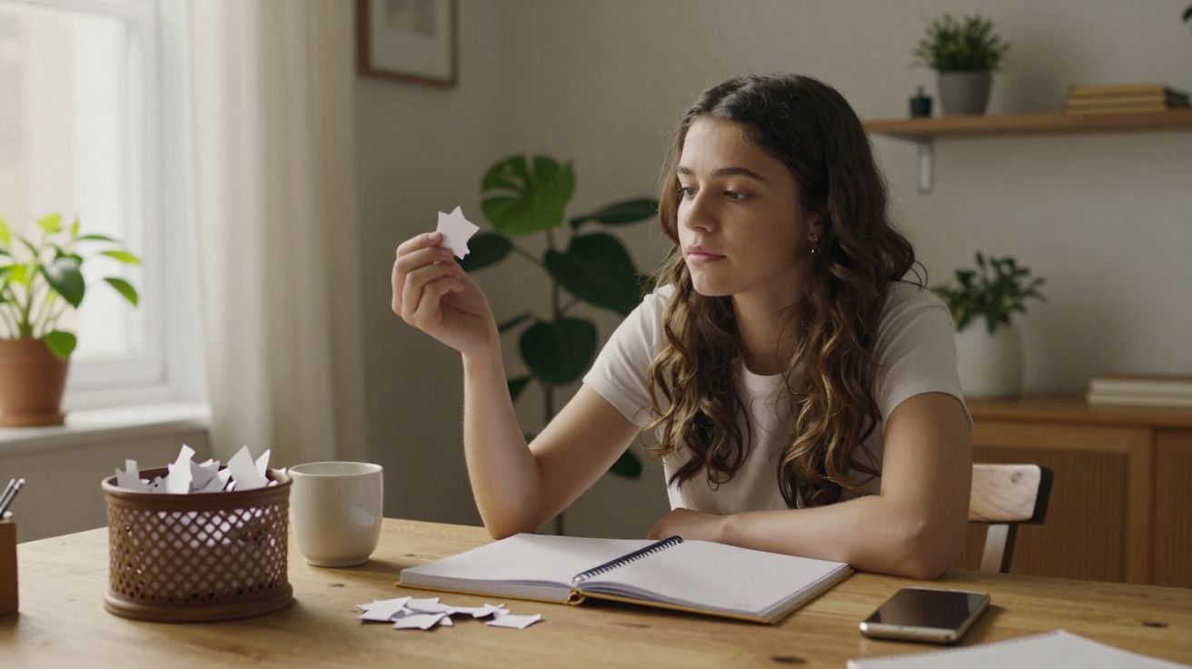 Mulher sentada à mesa, segurando uma estrela de papel, com caderno aberto e objetos ao redor.