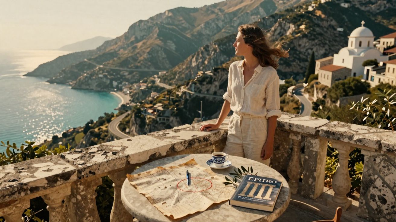 Mulher observando paisagem costeira com livros em mesa e igreja branca ao fundo durante dia ensolarado.