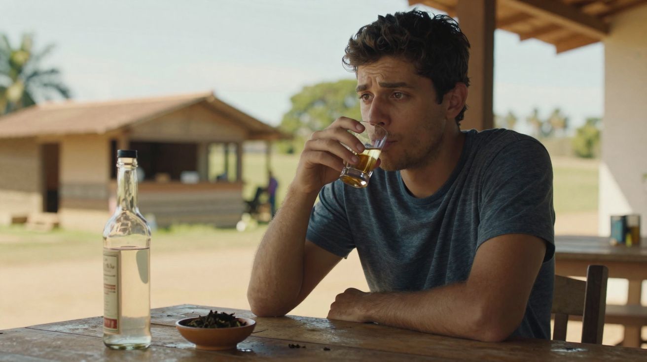 Homem jovem sentado à mesa bebendo bebida alcoólica em ambiente externo rústico durante o dia.