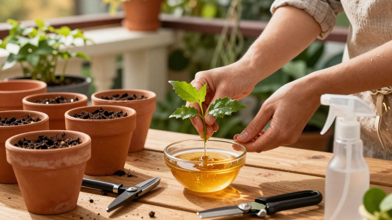 Mãos mergulham muda em recipiente com líquido ao lado de vasos de barro, tesouras e borrifador sobre mesa.