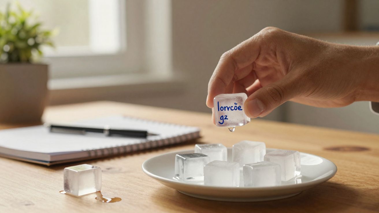 Mão segurando cubo de gelo com rótulo "lorecão g2" acima de prato com cubos de gelo sobre mesa de madeira.