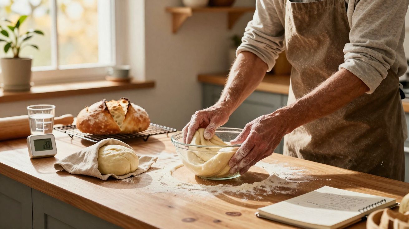 Pessoa sovando massa de pão em uma tigela de vidro em bancada de madeira na cozinha.