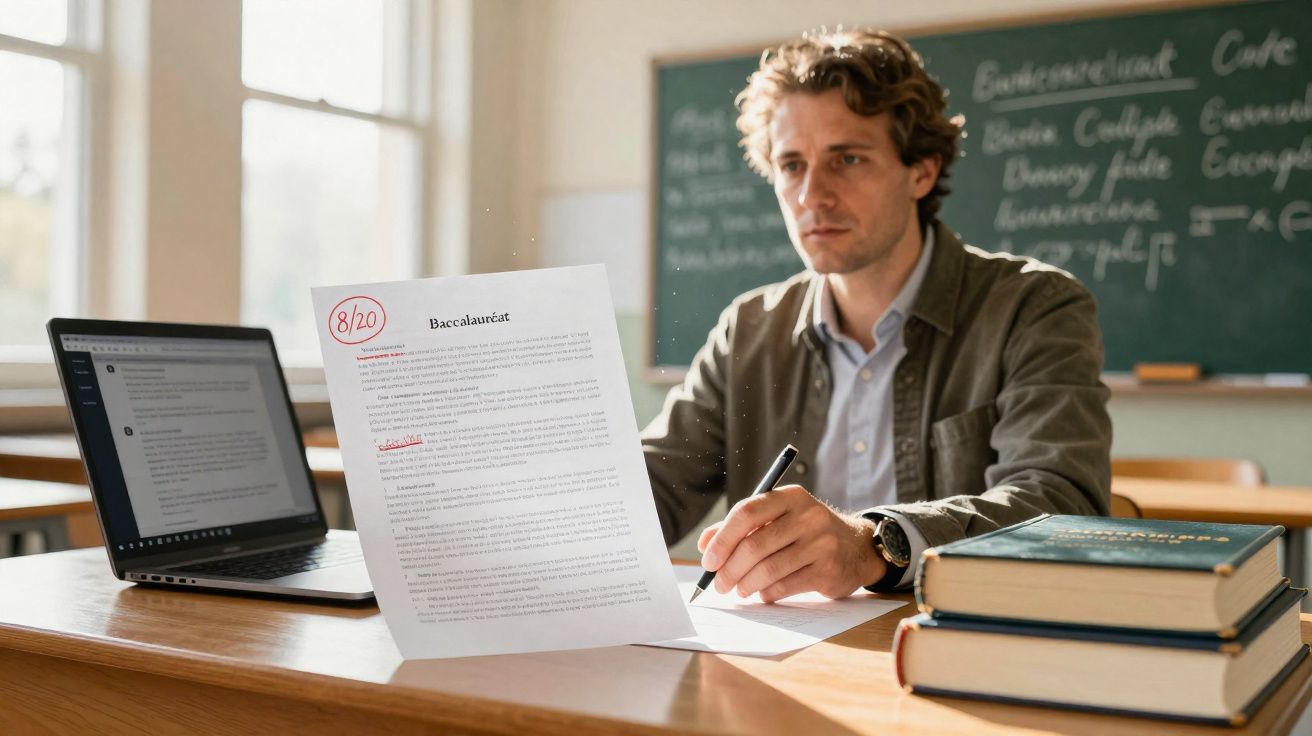 Homem sentado em sala de aula com laptop, livros e lendo prova com nota 8/20 destacada em vermelho.