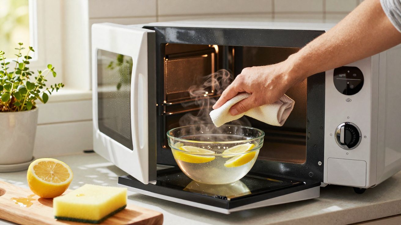 Mão segurando pano próximo a tigela com água e limão quente no micro-ondas aberto sobre bancada.