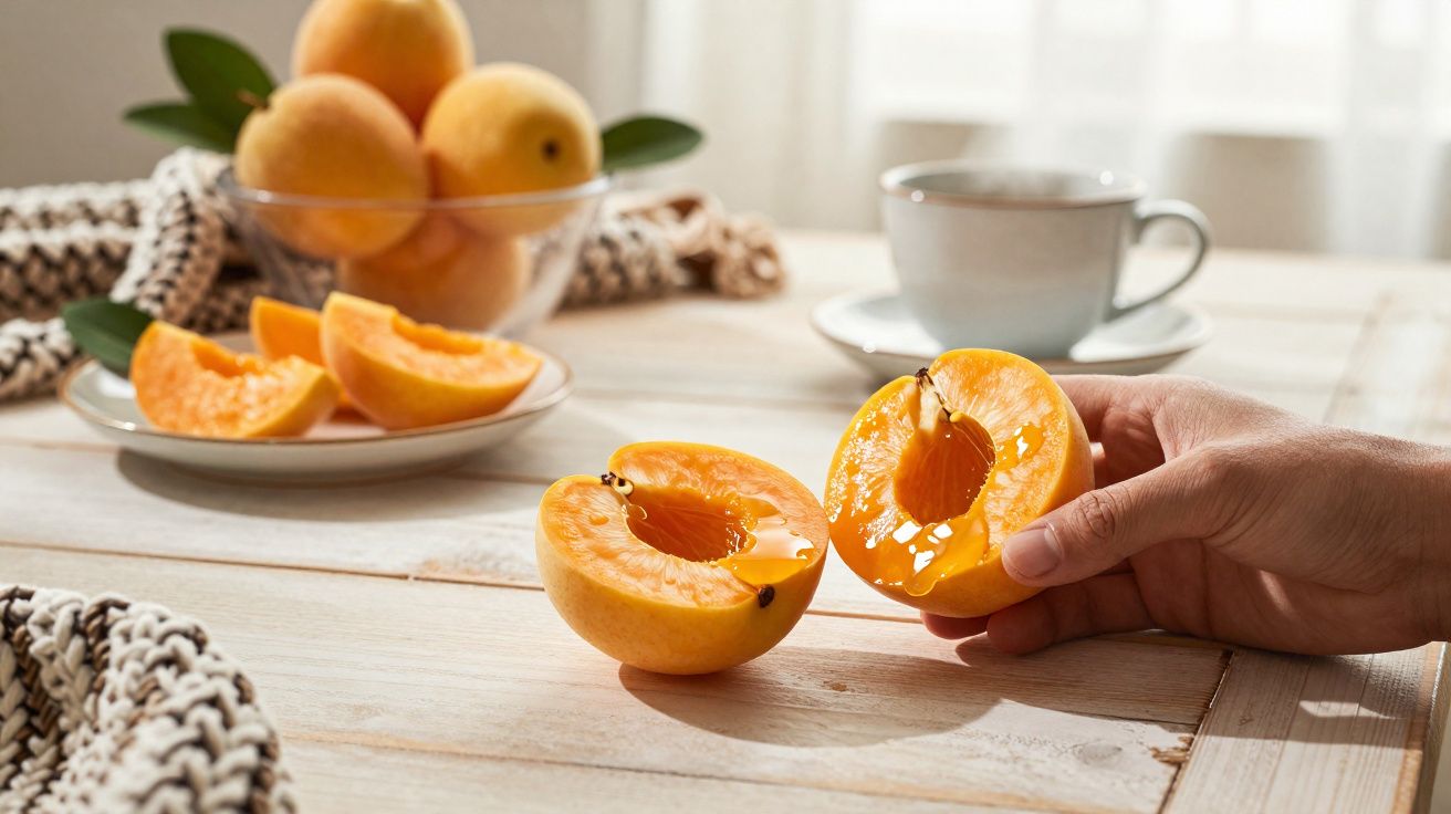 Mão segurando um fruta amarela cortada ao meio sobre mesa com mais frutas e xícara ao fundo.