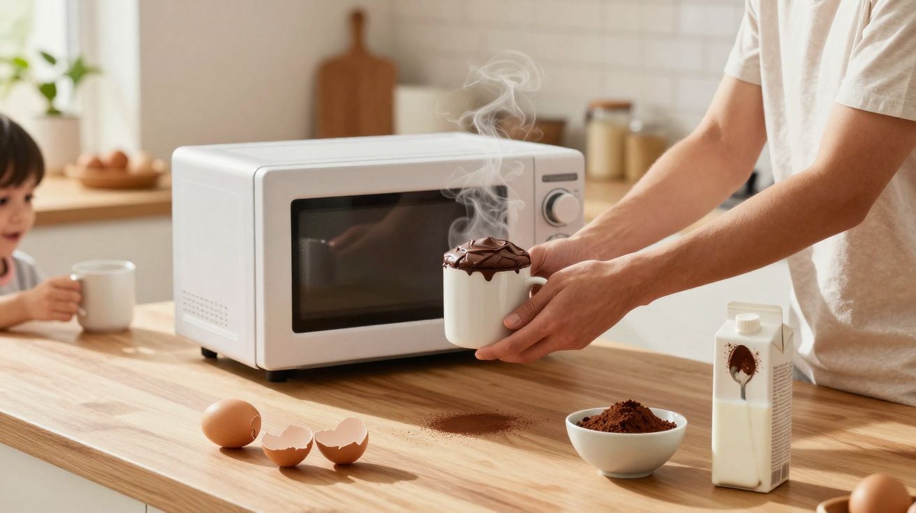 Pessoa segurando caneca com chocolate quente saindo vapor ao lado de micro-ondas em cozinha clara.