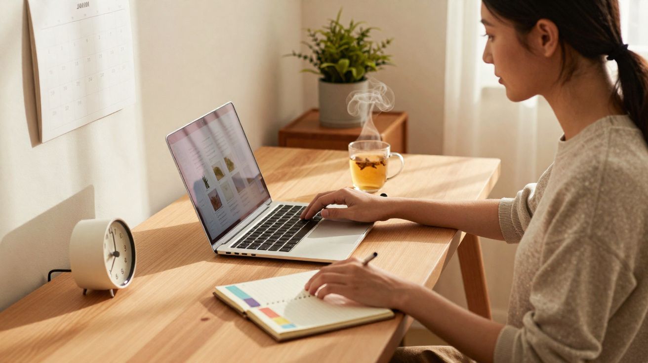 Mulher trabalhando em laptop, com caderno e chá quente, em mesa de madeira iluminada pela luz natural.