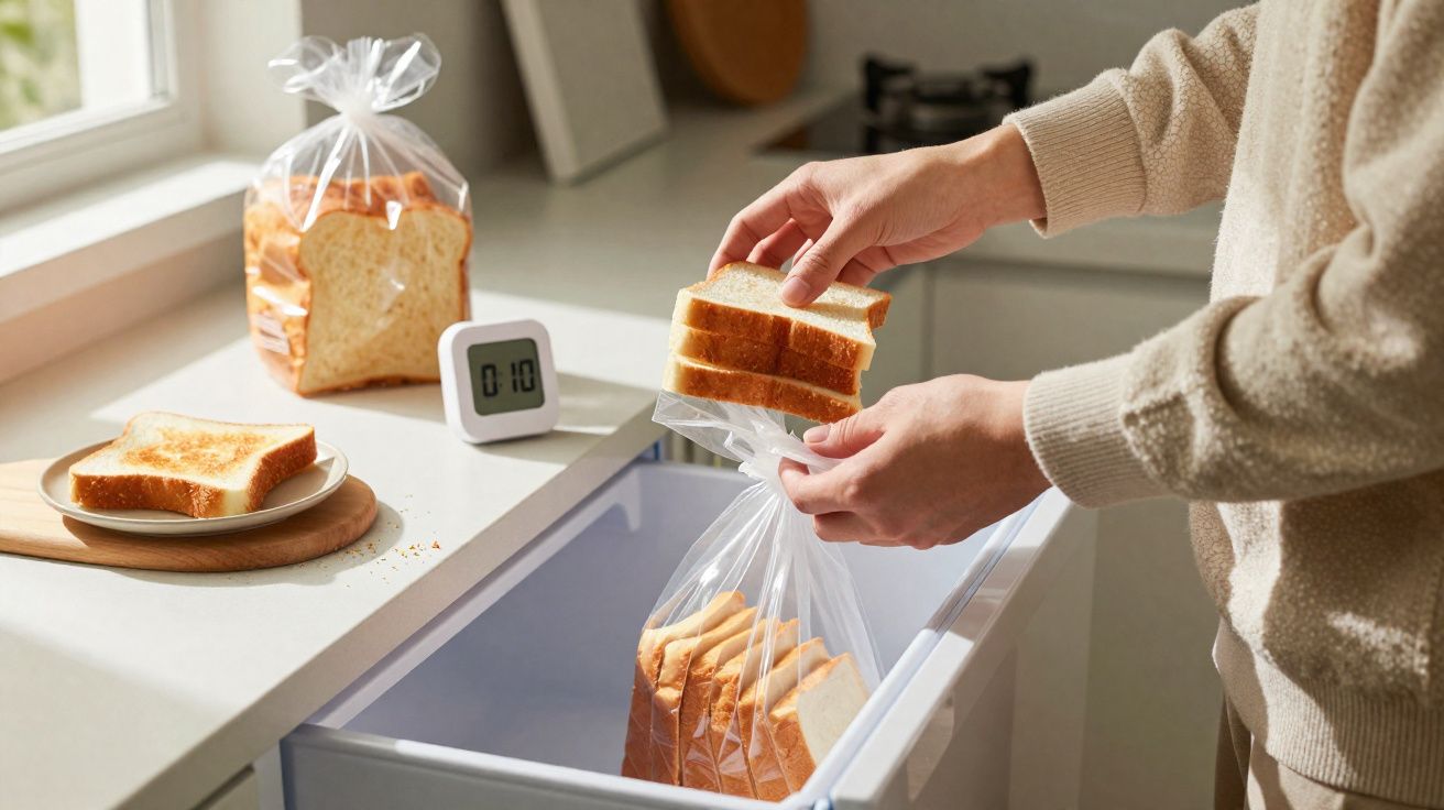 Pessoa colocando fatias de pão branco dentro de saco plástico em uma cozinha iluminada natural.