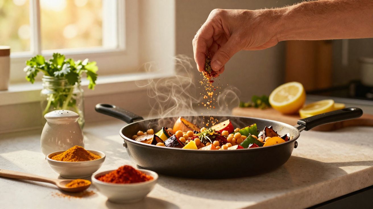 Mão polvilhando tempero em frigideira com legumes e grão-de-bico em cozinha iluminada.