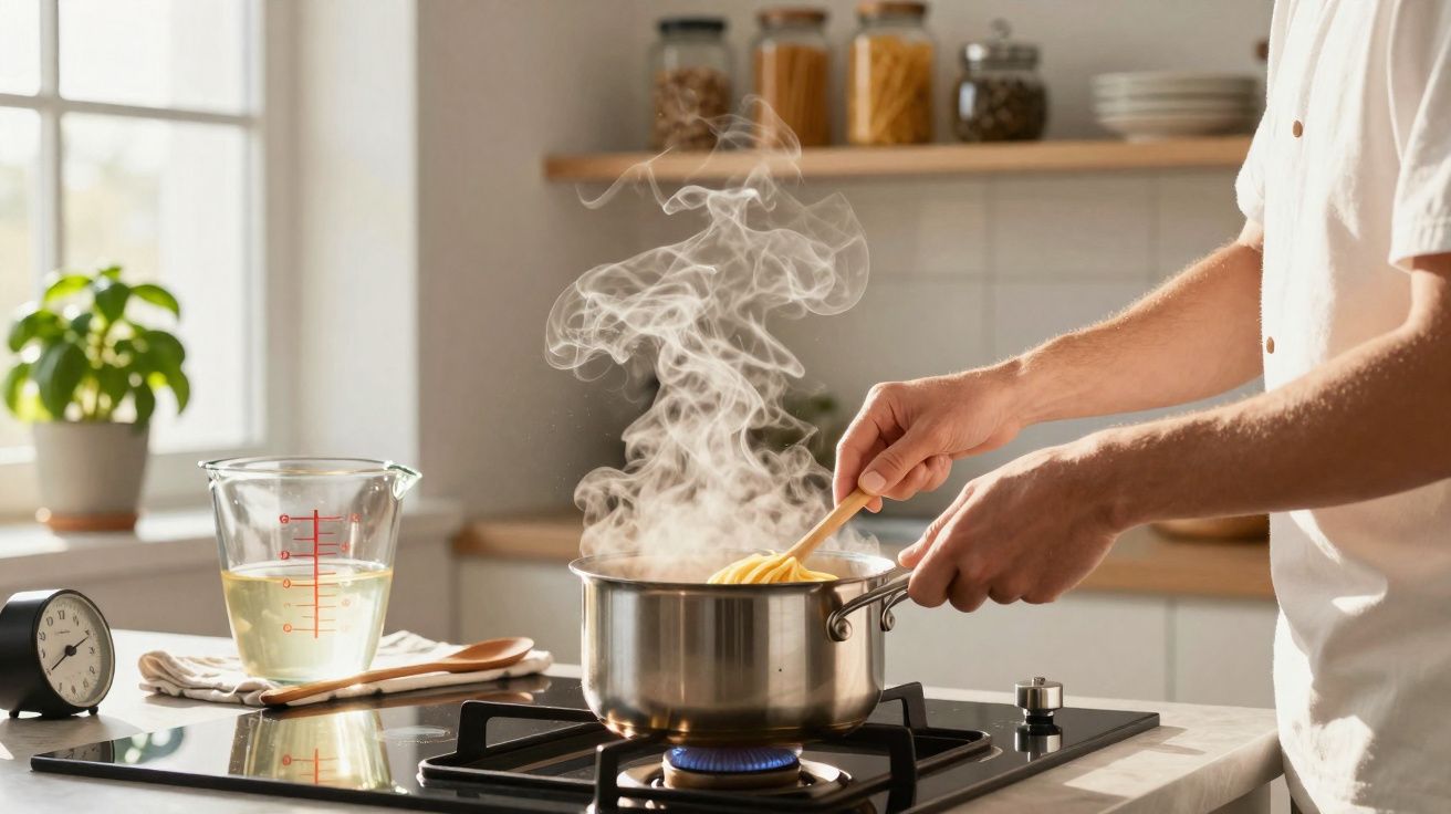 Pessoa mexendo macarrão cozinhando em panela com vapor no fogão a gás em cozinha iluminada.