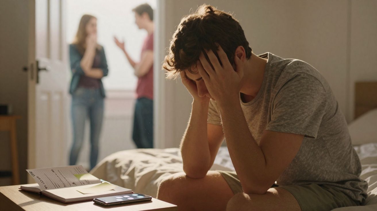 Homem sentado na cama com expressão preocupada enquanto casal discute ao fundo em um quarto.