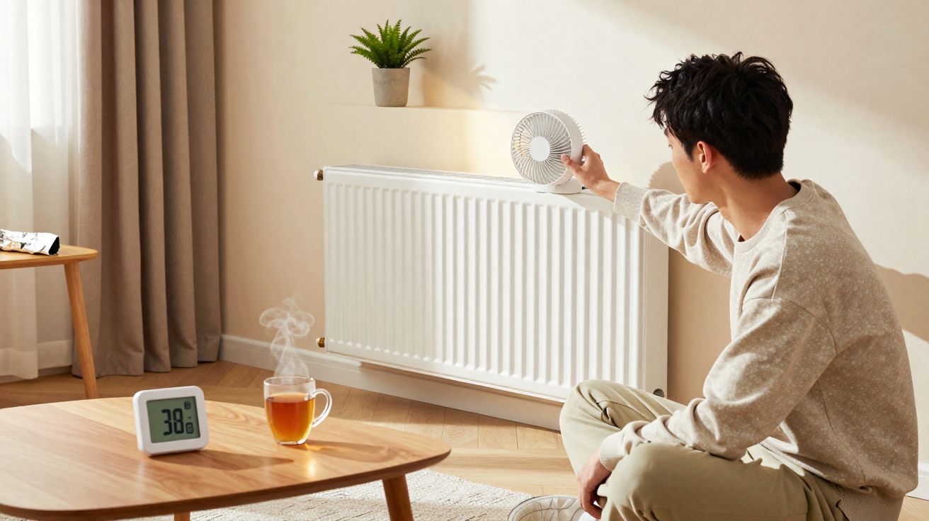 Homem ajustando ventilador portátil perto de radiador em sala com mesa, chá quente e termômetro indicando 38°C.