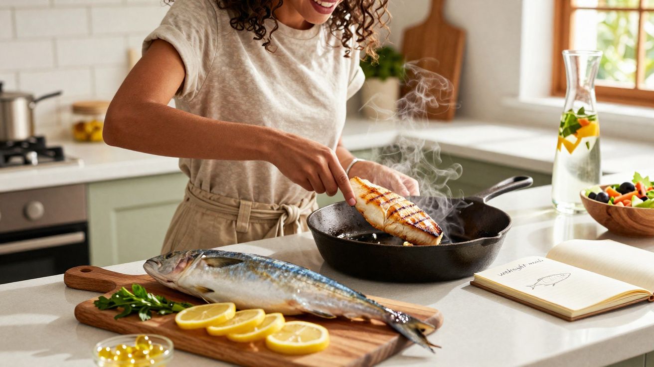 Mulher cozinhando peixe grelhado em frigideira, com peixe cru e limões em tábua de madeira na bancada.