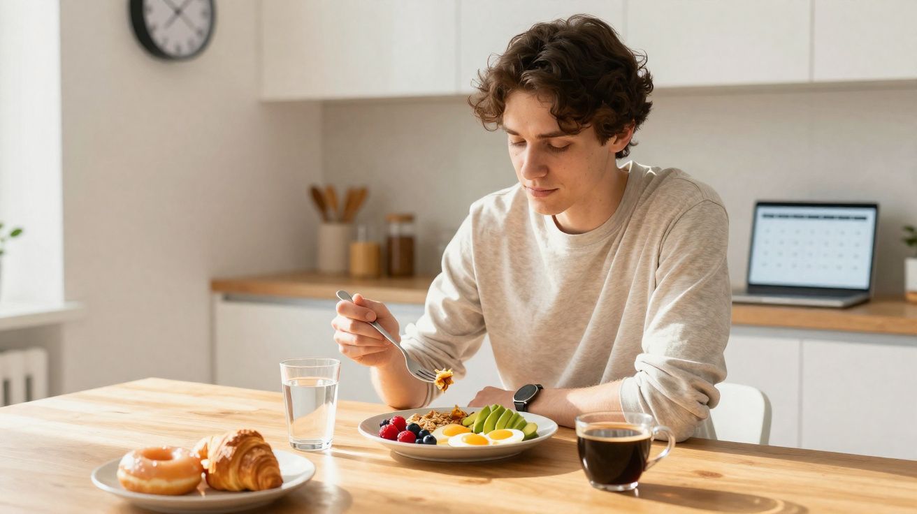 Jovem sentado à mesa com café da manhã saudável, incluindo ovos, frutas, café, água e doces.