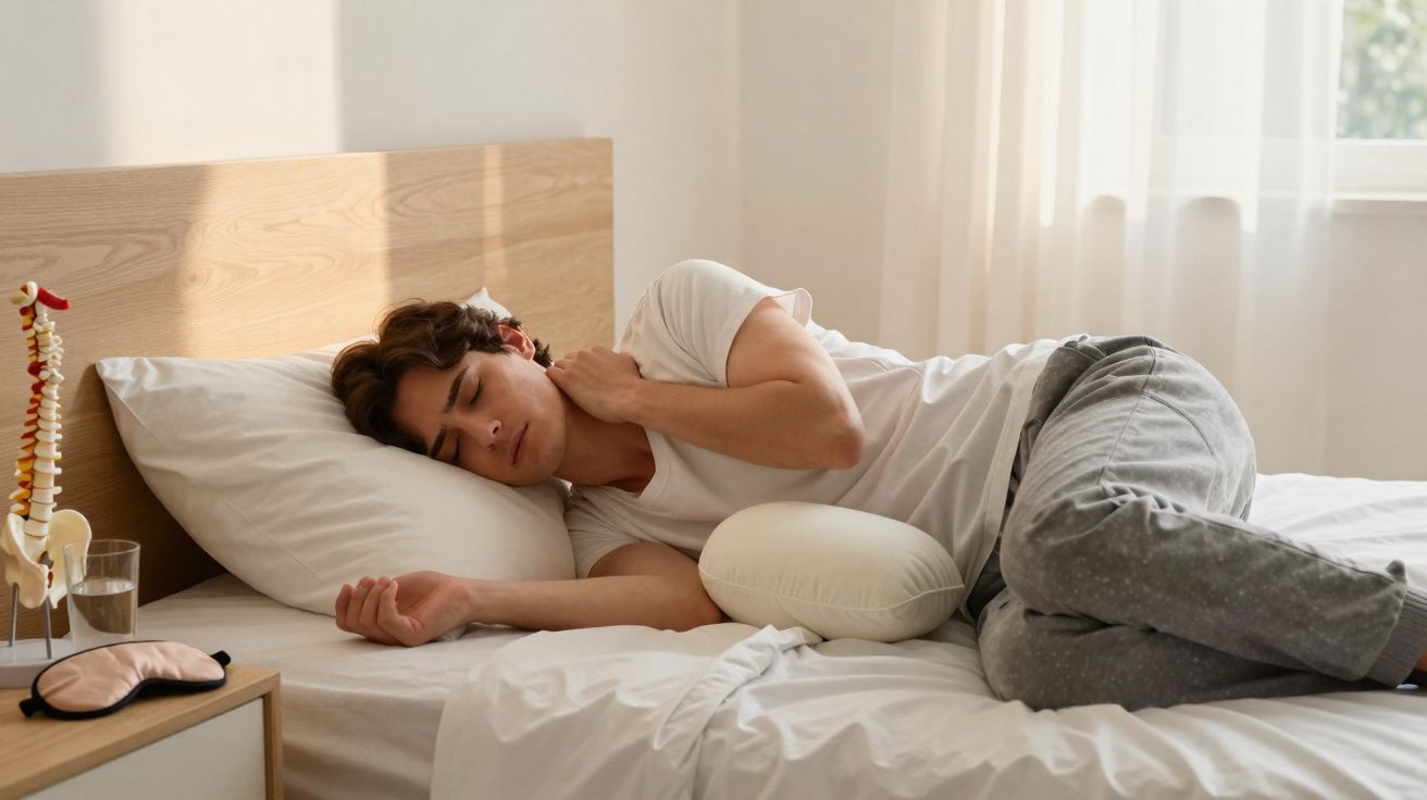 Homem deitado de lado na cama com expressão de dor segurando o pescoço.